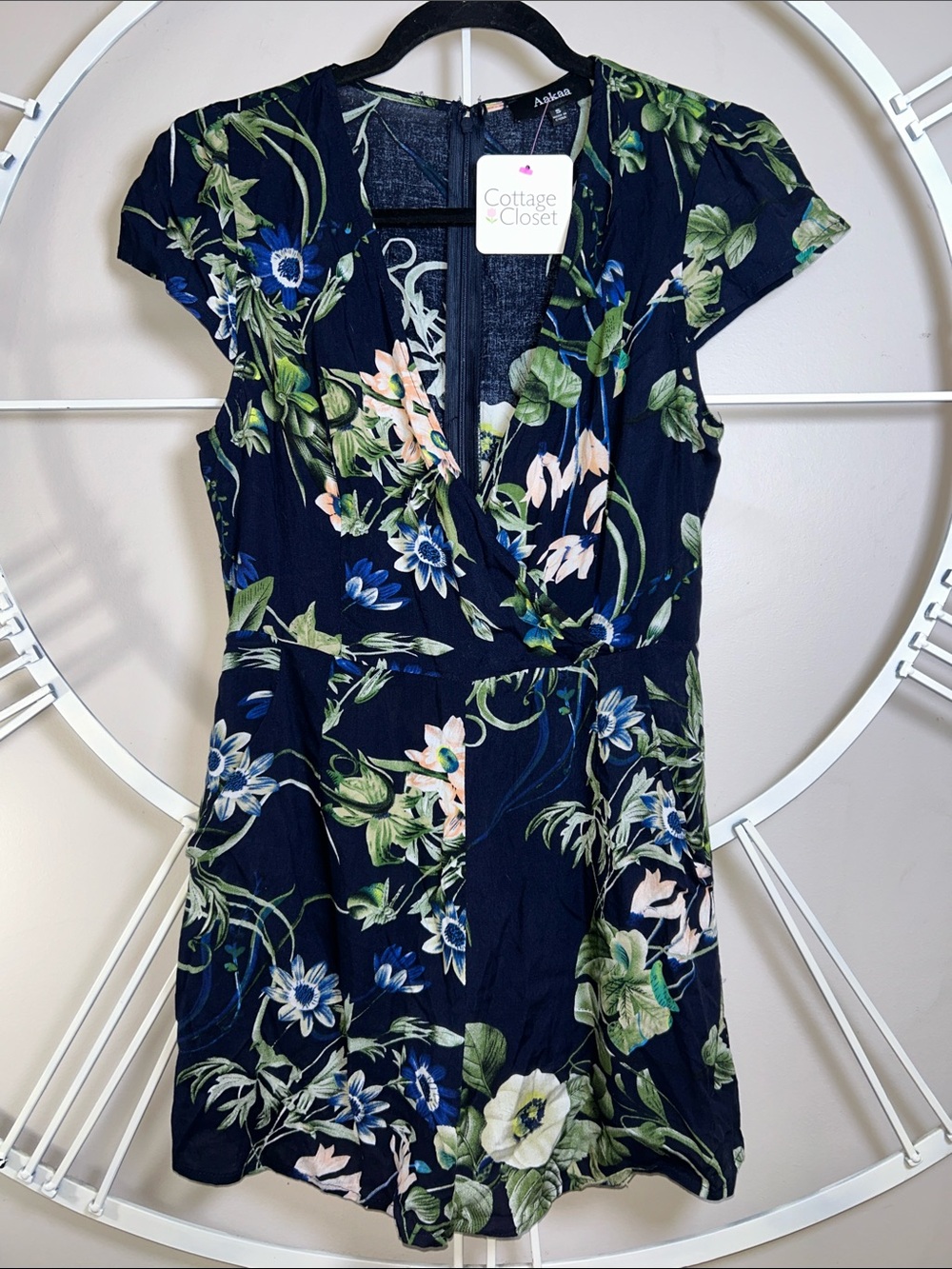 NWT Aakaa Navy Floral Wrap Romper with Green & Blue Botanicals